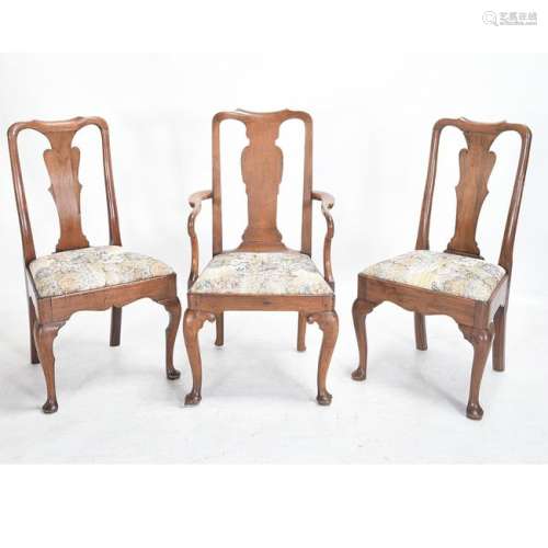 Three Queen Anne Walnut Chairs, one arm and two side