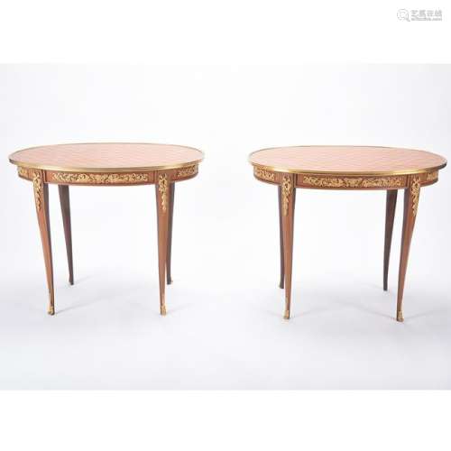French Louis XV Style Oval Parquetry Table Pair.