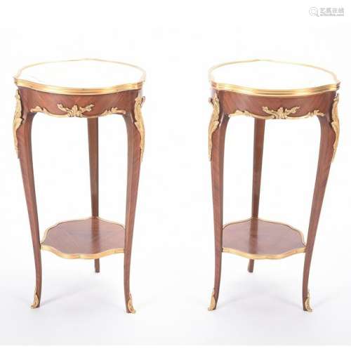 Louis XV Style Marble Top Triangular Table Pair.