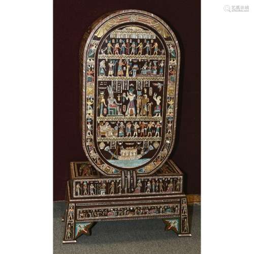 Egyptian Motif Painted and Inlaid Oval Cabinet.
