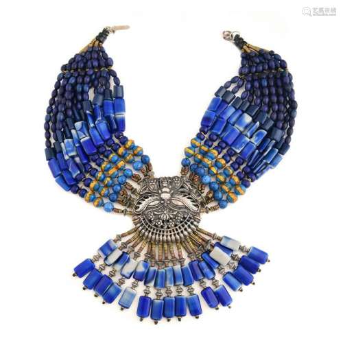 Masha Archer Blue Glass Bead, Dyed Wood Bead Necklace.