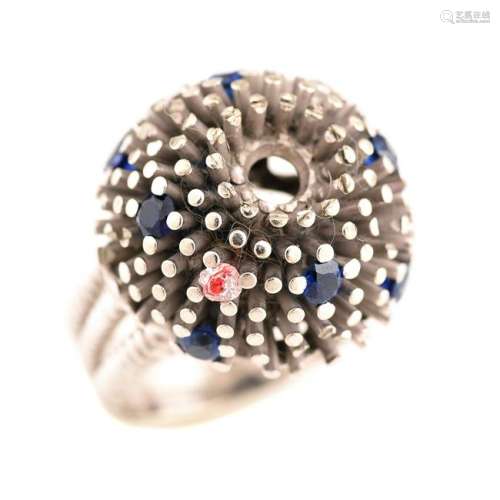 Ruser Sapphire, Diamond, 18k White Gold Bombe Ring.