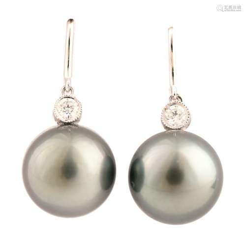 Pair of Tahitian Cultured Pearl, Diamond, 18k White