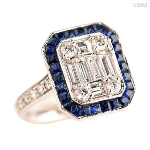 Diamond, Sapphire, 18k White Gold Ring.