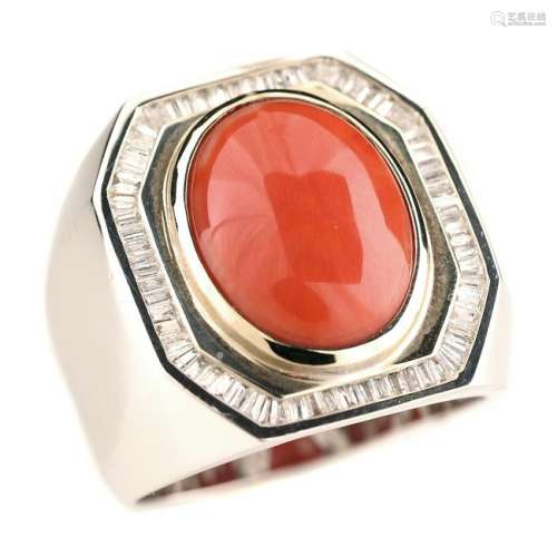 *Men's Coral, Diamond, 14k White Gold Ring.