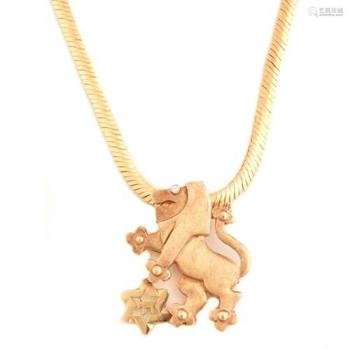 Diamond, 14k Yellow Gold Jewish Lion Pendant Necklace.