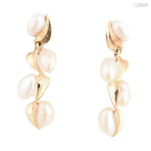 Pair of Biwa Pearl, 14k Yellow Gold Earrings.