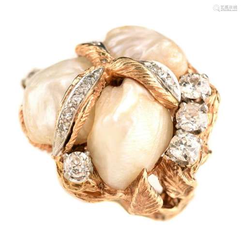Freshwater Cultured Pearl, Diamond, 14k Gold Ring.