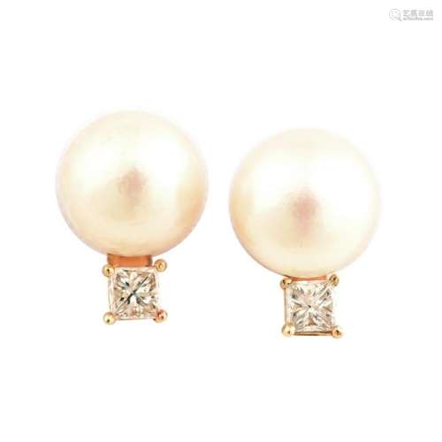 Pair of Cultured Pearl, Diamond, 14k Yellow Gold