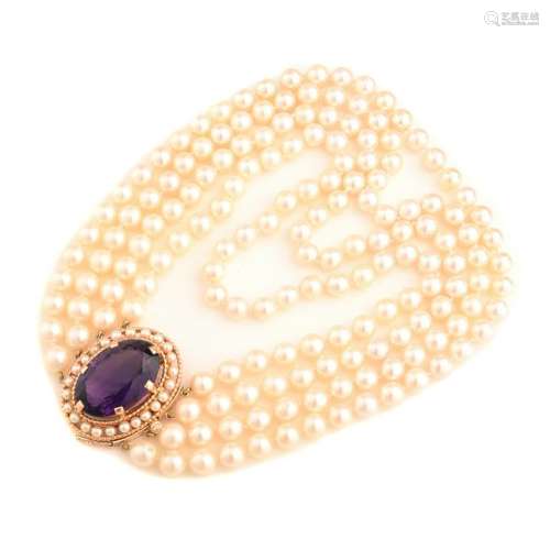 Cultured Pearl, Amethyst, 14k Yellow Gold Necklace.