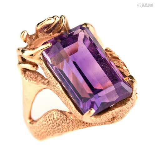 Purple Glass, 14k Yellow Gold Ring.
