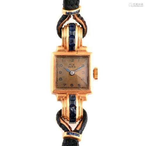 French Retro Rix Sapphire, 18k Yellow Gold Leather