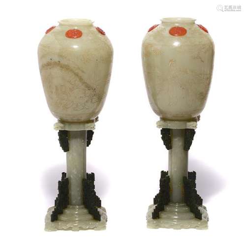 An Unusual Pair of Jade Lanterns and Stands, Republic