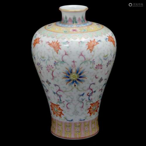 Chinese Enameled Famille Rose Lotus Mei Ping Vase. 
