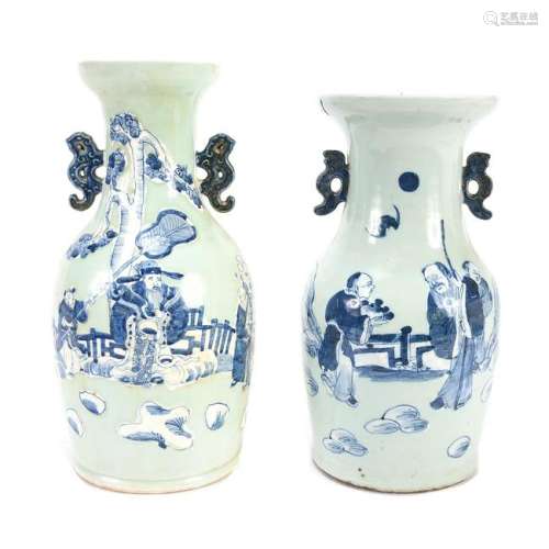 Two Chinese Celadon Ground Blue and White Figural