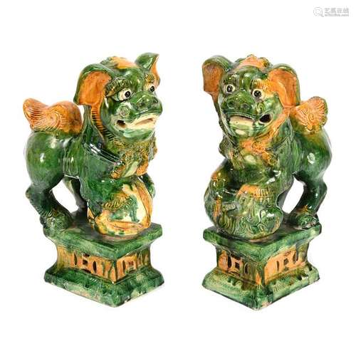 Pair of Chinese Ming Style Green Glazed Pottery Foo