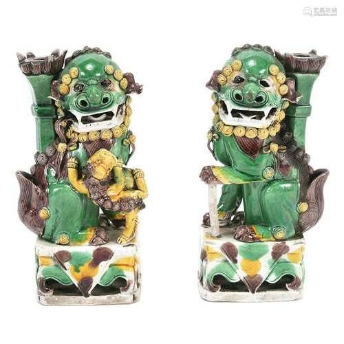 Pair of Chinese Green and Yellow Glazed Ceramic Foo