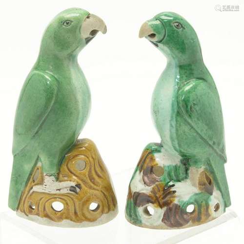 Pair of Chinese Green Glazed Ceramic Parrots.