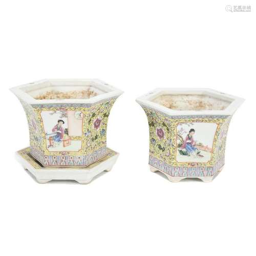 Pair of  Chinese Famille Rose Hexagonal Flower Pots.