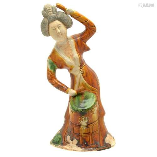 Chinese Sancai Glazed Pottery Lady Drummer.