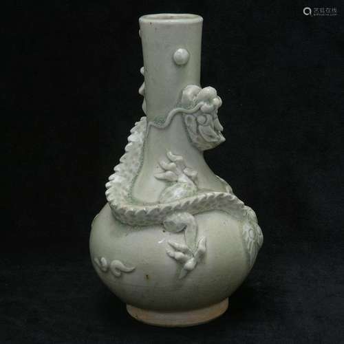 Chinese Tang Style Celadon Glaze Dragon Bottle Vase.