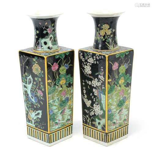 Pair of Chinese Famille Noire Square Porcelain Vases.