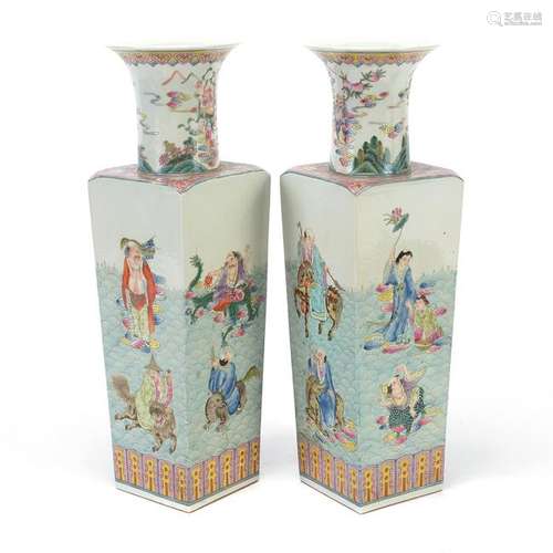 Pair of Chinese Polychrome Porcelain Square Vases.