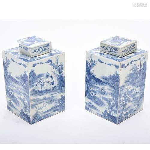 Pair of Chinese Blue and White Porcelain Tea Caddies