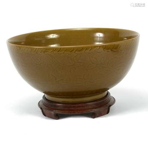 Large Chinese Tea Dust Glazed Porcelain Bowl on a Wood