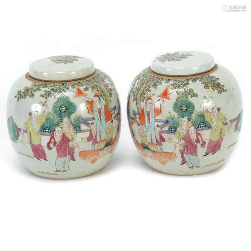 Pair of Chinese Polychrome Porcelain Jars with Covers.