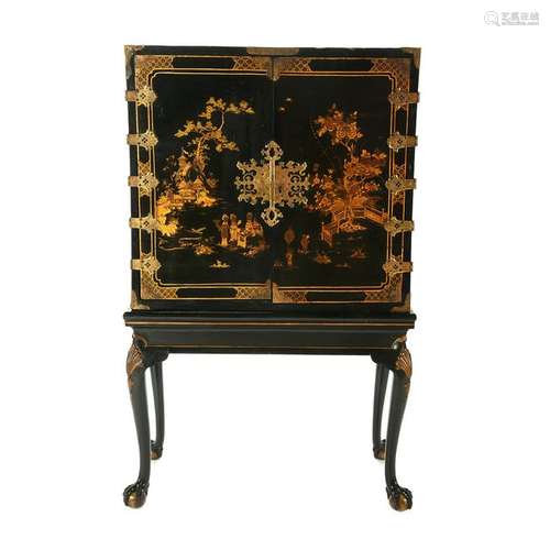 Chinese Black Lacquer Cabinet on Stand.