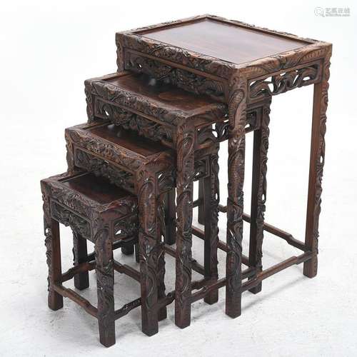 Set of Four Chinese Rosewood Nesting Tables with Carved