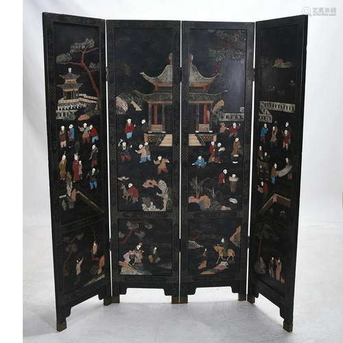 Chinese Black Laquer Four Panel Coromandel Floor Screen