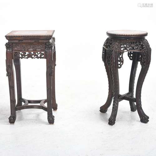 Chinese Carved Rosewood Plant Stand with Inset Pink