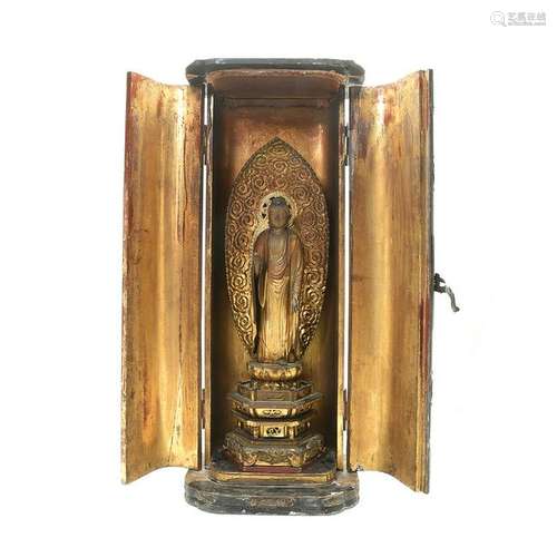 Japanese lacquer shrine with standing Buddha