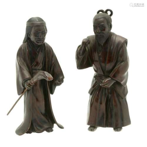 Pair of Japanese Red Bronze Man and Woman