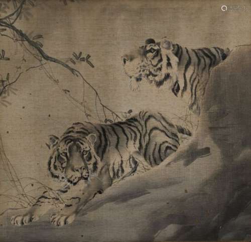 JAPON XIXe siècle \nCouple de tigres à l'affût \nEnc…