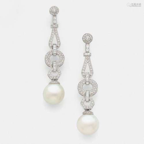 PAIR OF PEARL EAR PENDANTS They retain round, octa…