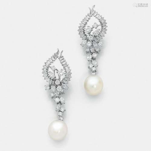 1960s Pair of diamond cultured pearl earringsThe p…