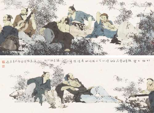沈道鸿（b.1947） 2006年作 竹林士贤 镜片 纸本设色