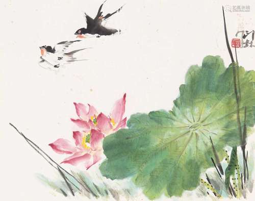 萧朗（1917～2010） 微雨燕双飞 镜片 纸本设色