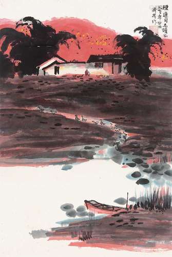 方济众（1923～1987） 1977年作 夕阳小村 镜片 纸本设色