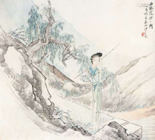 沙馥（1831～1906） 西施浣纱图 托片 纸本设色