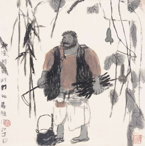 聂鸥（b.1948） 1987年作 秋凉时节收割忙 托片 纸本设色