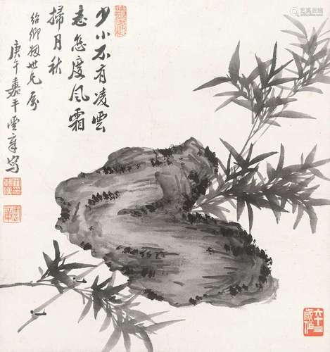 罗朝汉（1868～1935） 1930年作 竹石 镜框 纸本设色