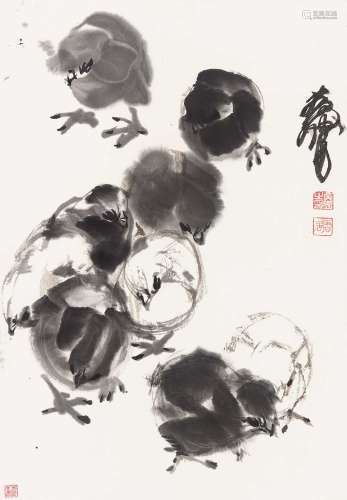 黄胄（1925～1997） 鸡群 立轴 纸本设色