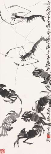 齐良迟（1921～2003） 虾蟹图 立轴 纸本水墨