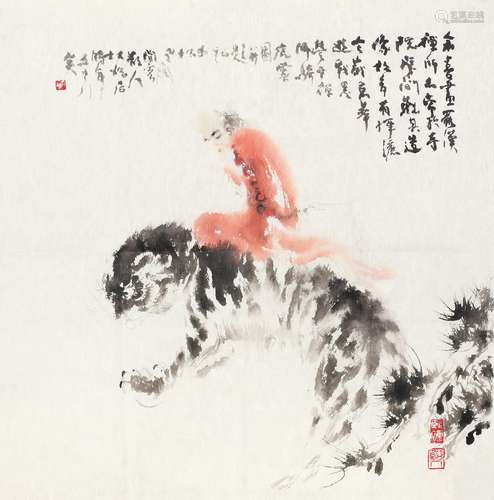 褚大雄（b.1939） 禅师骑虎图 镜心 纸本设色