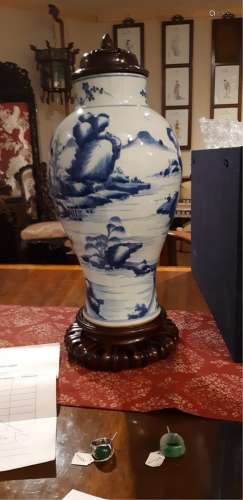 BLUE AND WHITE RIVERSCAPE VASE WITH LID
