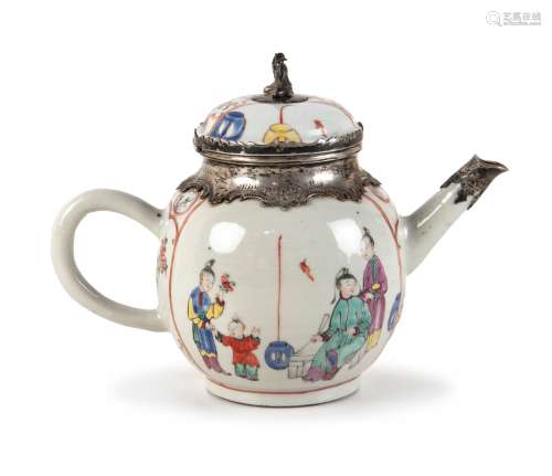 FAMILLE ROSE TEA POT WITH SILVER MOUNTS